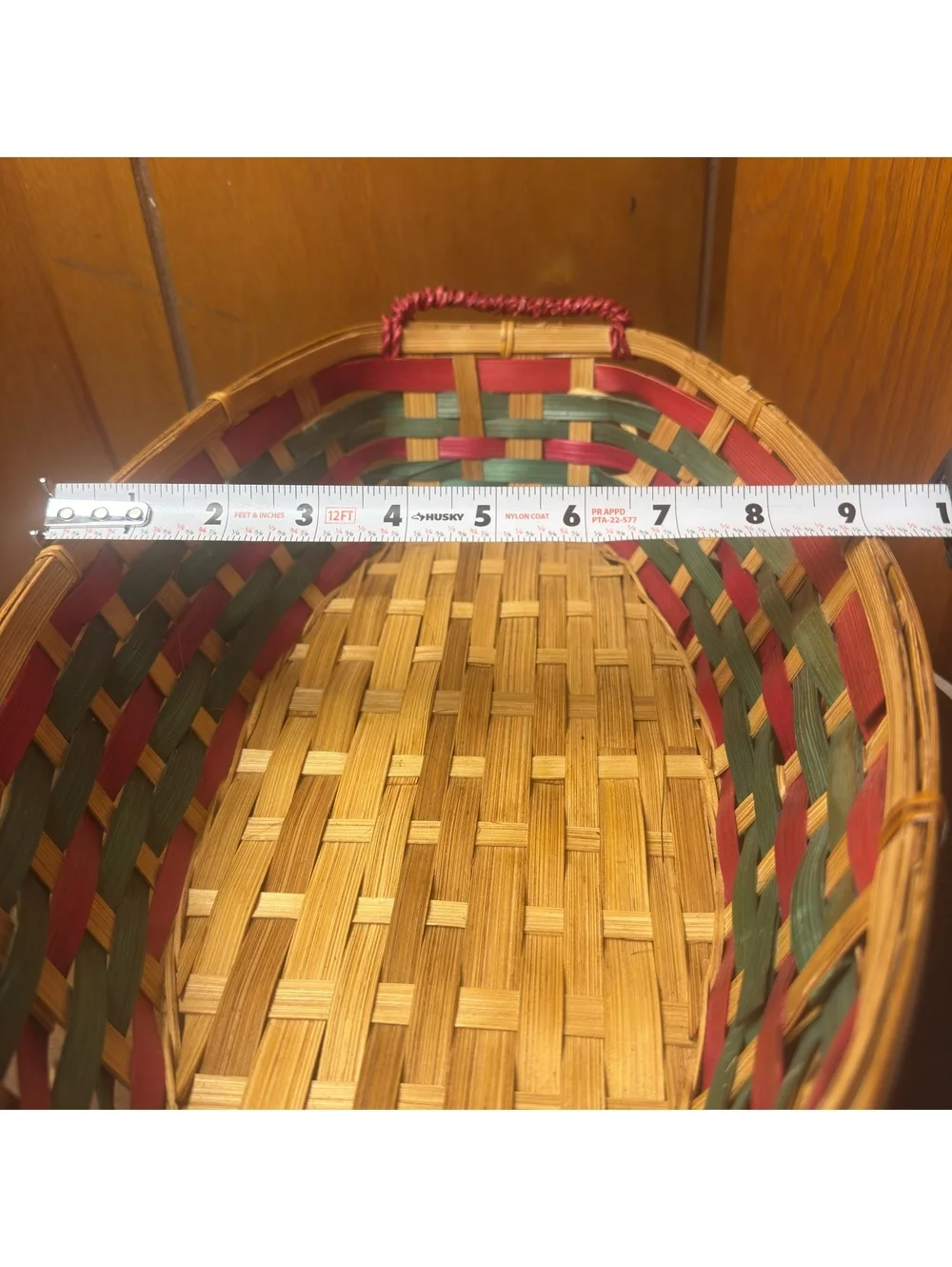 Vintage Christmas Woven Basket Red Green Natural Bamboo Holiday Serving Basket
